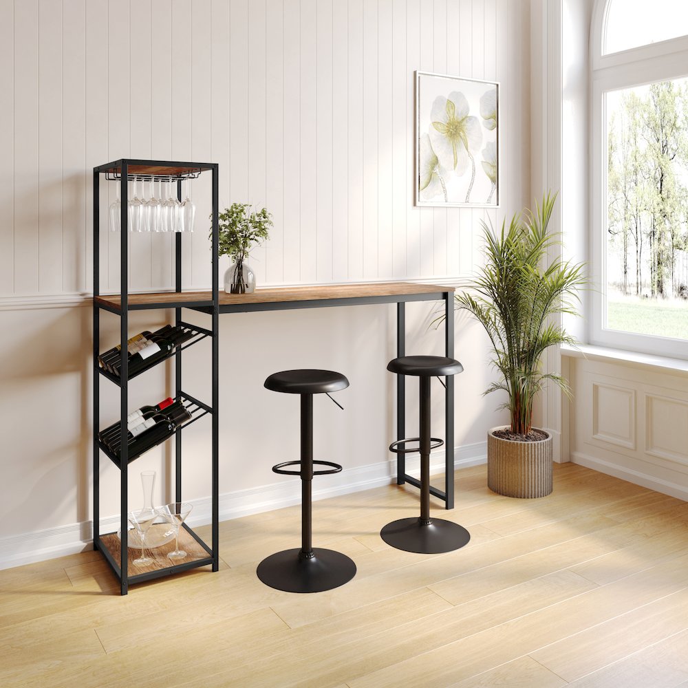 Modern Wine and Bar Table with Shelves, Light Brown Top/Black Frame. Picture 3