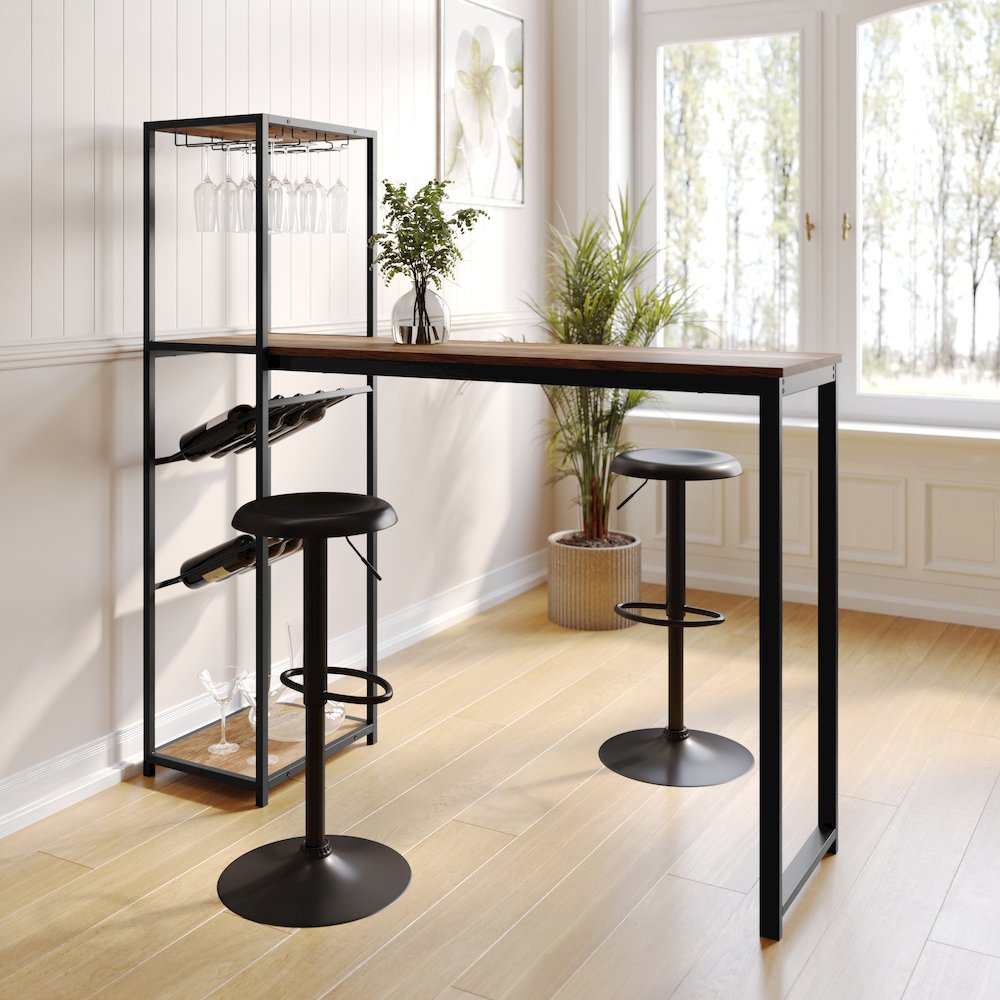 Modern Wine and Bar Table with Shelves, Light Brown Top/Black Frame. Picture 6