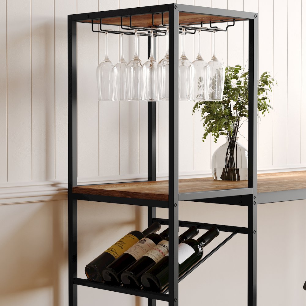 Modern Wine and Bar Table with Shelves, Light Brown Top/Black Frame. Picture 7