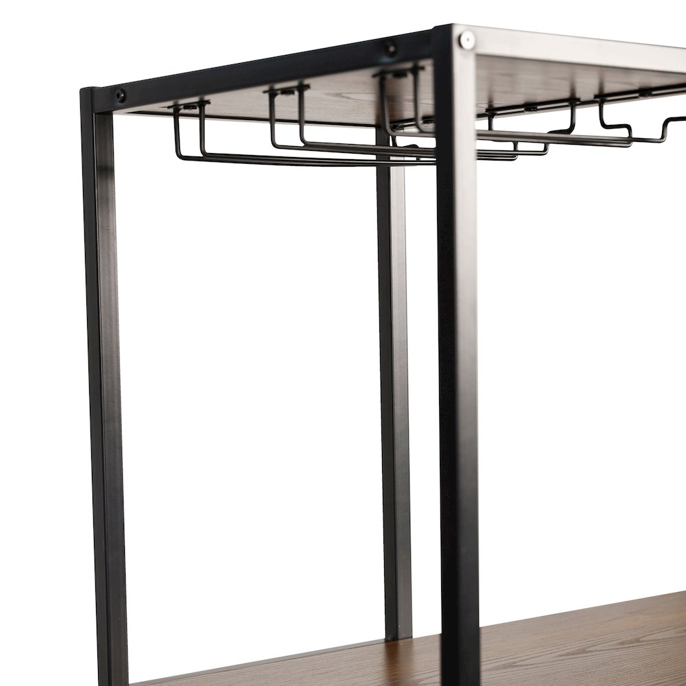 Modern Wine and Bar Table with Shelves, Walnut Top/Black Frame. Picture 8