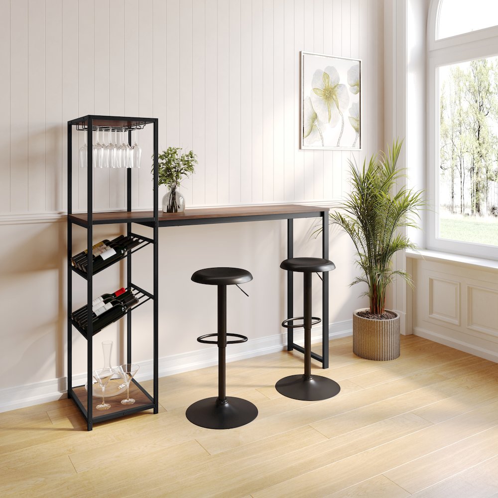 Modern Wine and Bar Table with Shelves, Walnut Top/Black Frame. Picture 3