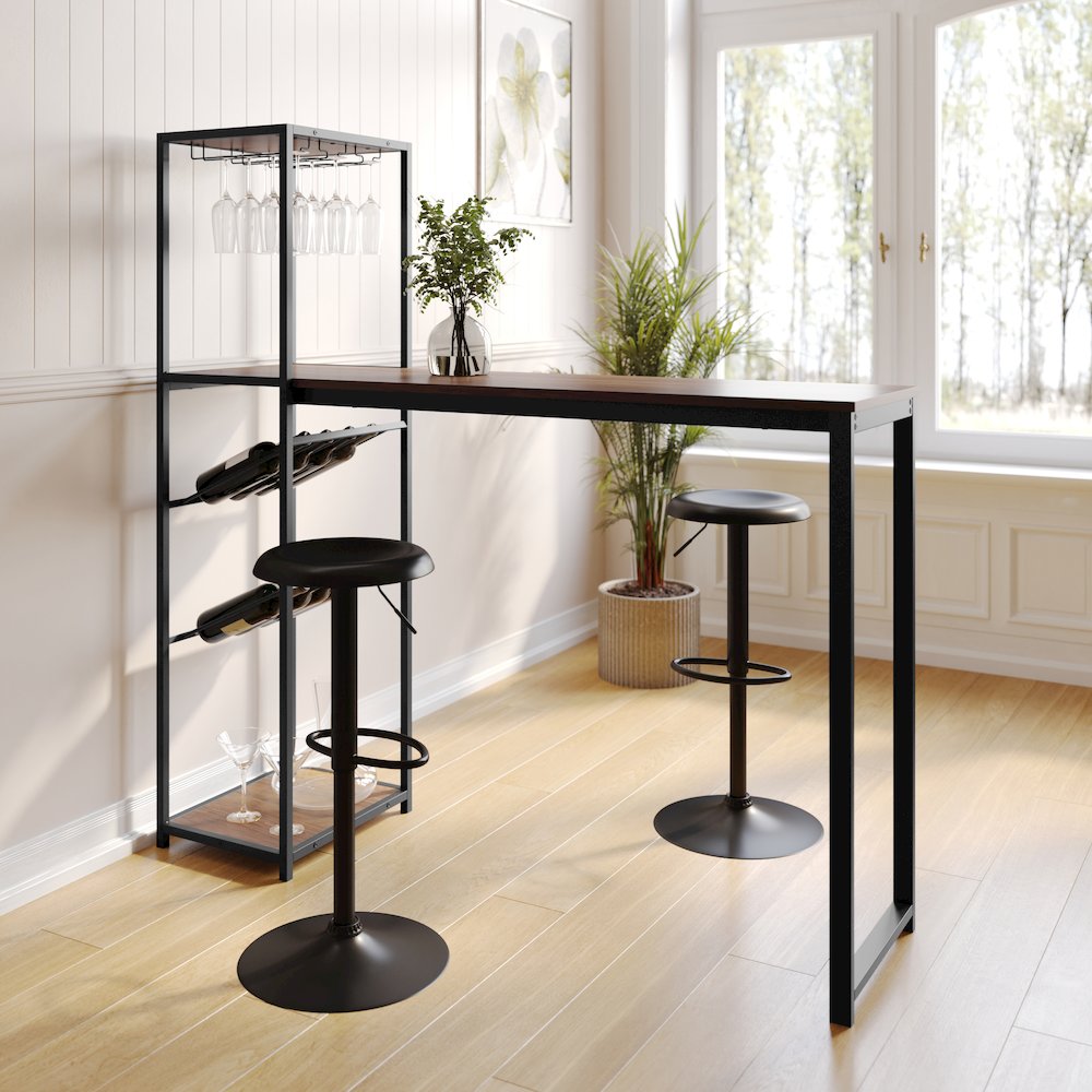 Modern Wine and Bar Table with Shelves, Walnut Top/Black Frame. Picture 6