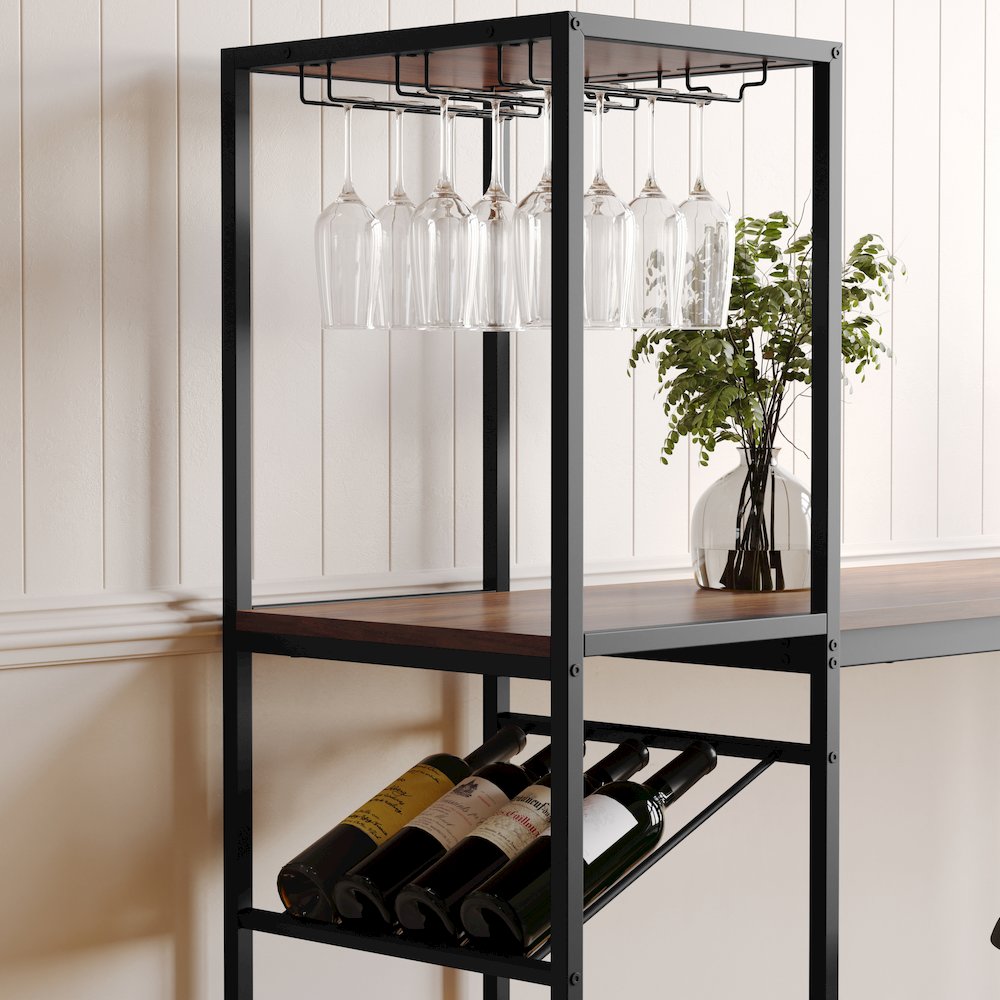 Modern Wine and Bar Table with Shelves, Walnut Top/Black Frame. Picture 7