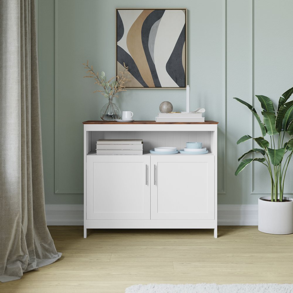 Classic Buffet and Sideboard Storage Cabinet, Walnut Top/White Frame. Picture 3