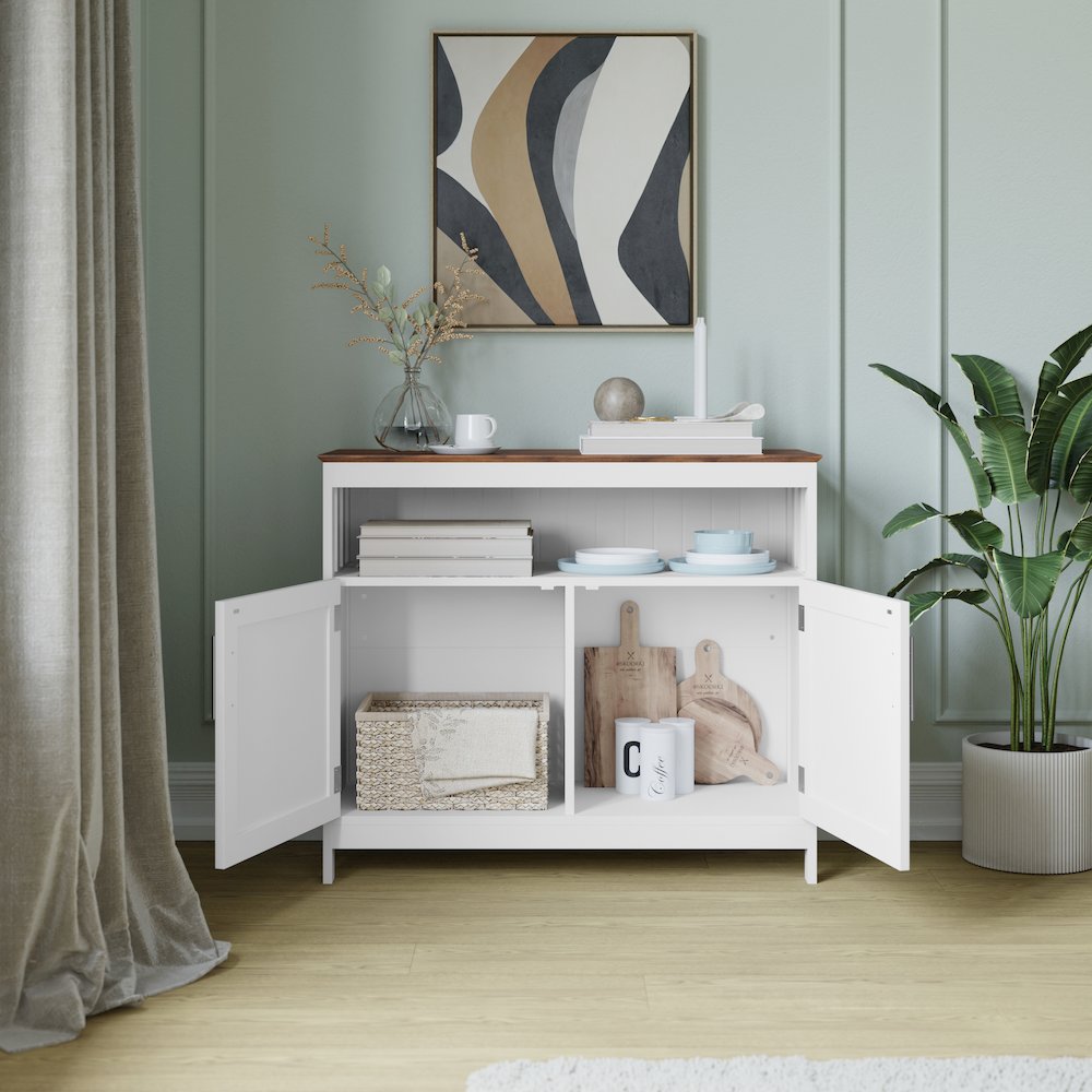 Classic Buffet and Sideboard Storage Cabinet, Walnut Top/White Frame. Picture 6