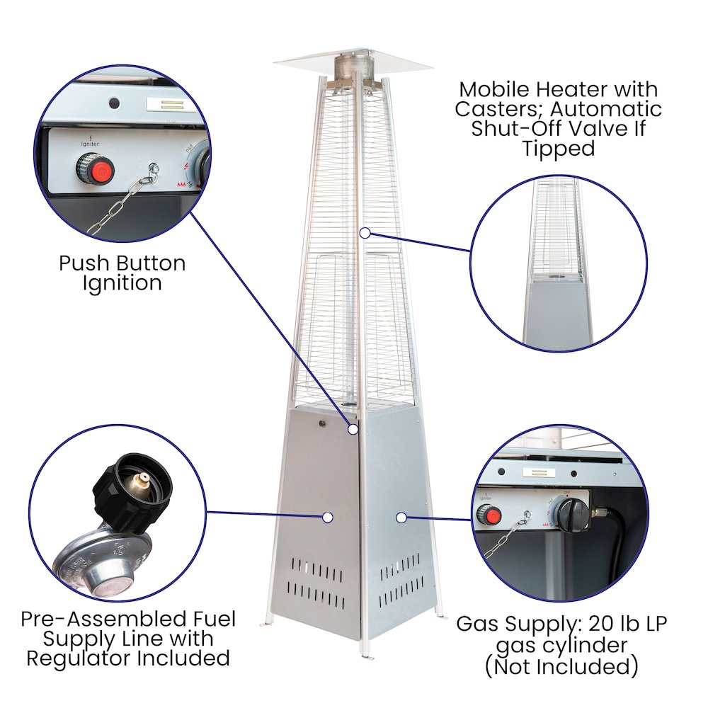 Patio Heating-Silver Stainless Steel Pyramid with Wheels. Picture 4