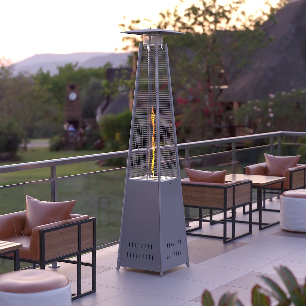 Patio Heating-Silver Stainless Steel Pyramid with Wheels. Picture 2