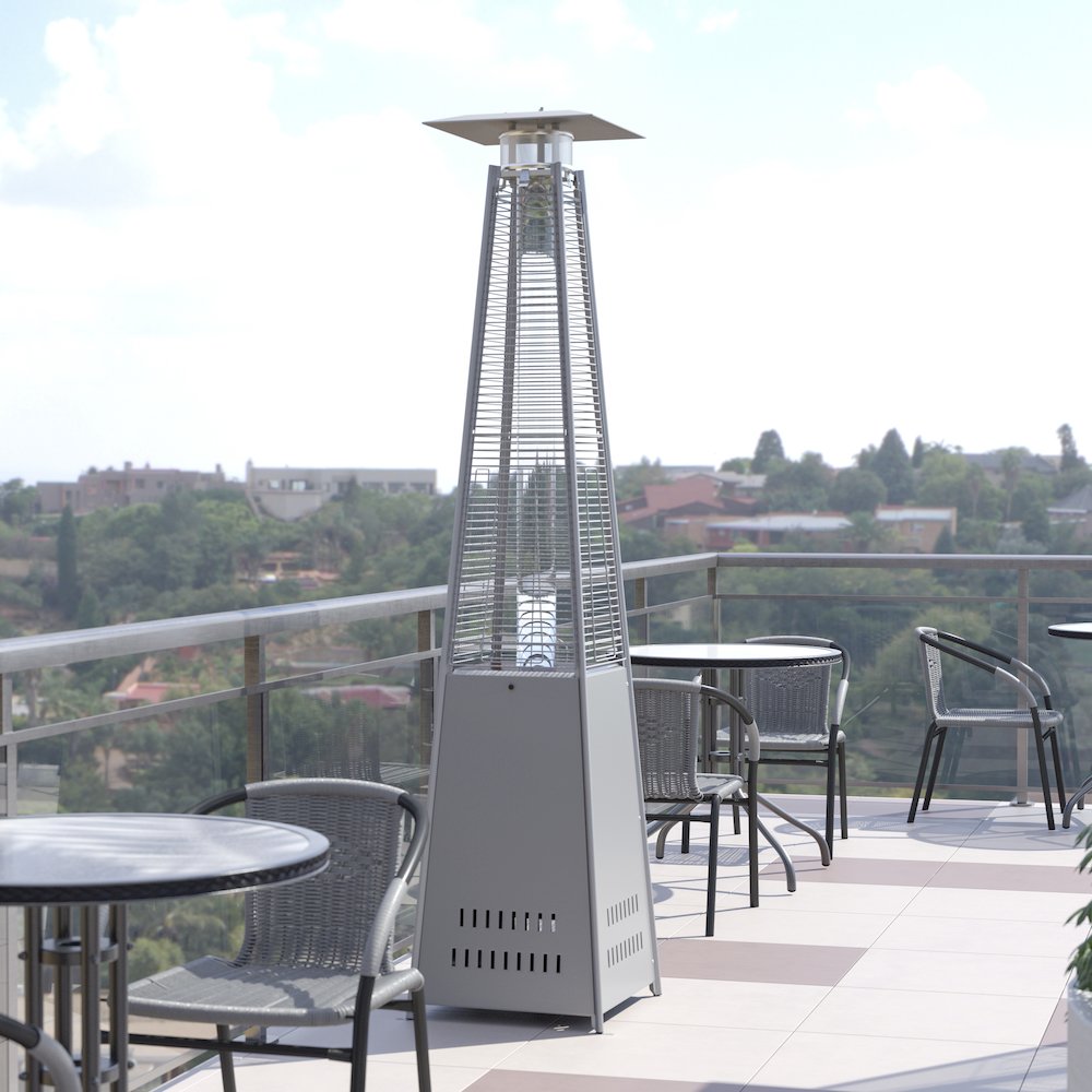 Patio Heating-Silver Stainless Steel Pyramid with Wheels. Picture 6