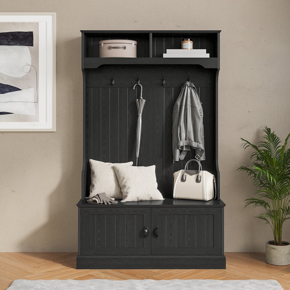 40" Wide Hallway Tree with Storage, Black. Picture 3