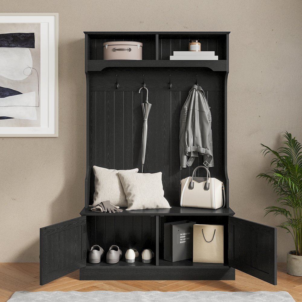 40" Wide Hallway Tree with Storage, Black. Picture 6