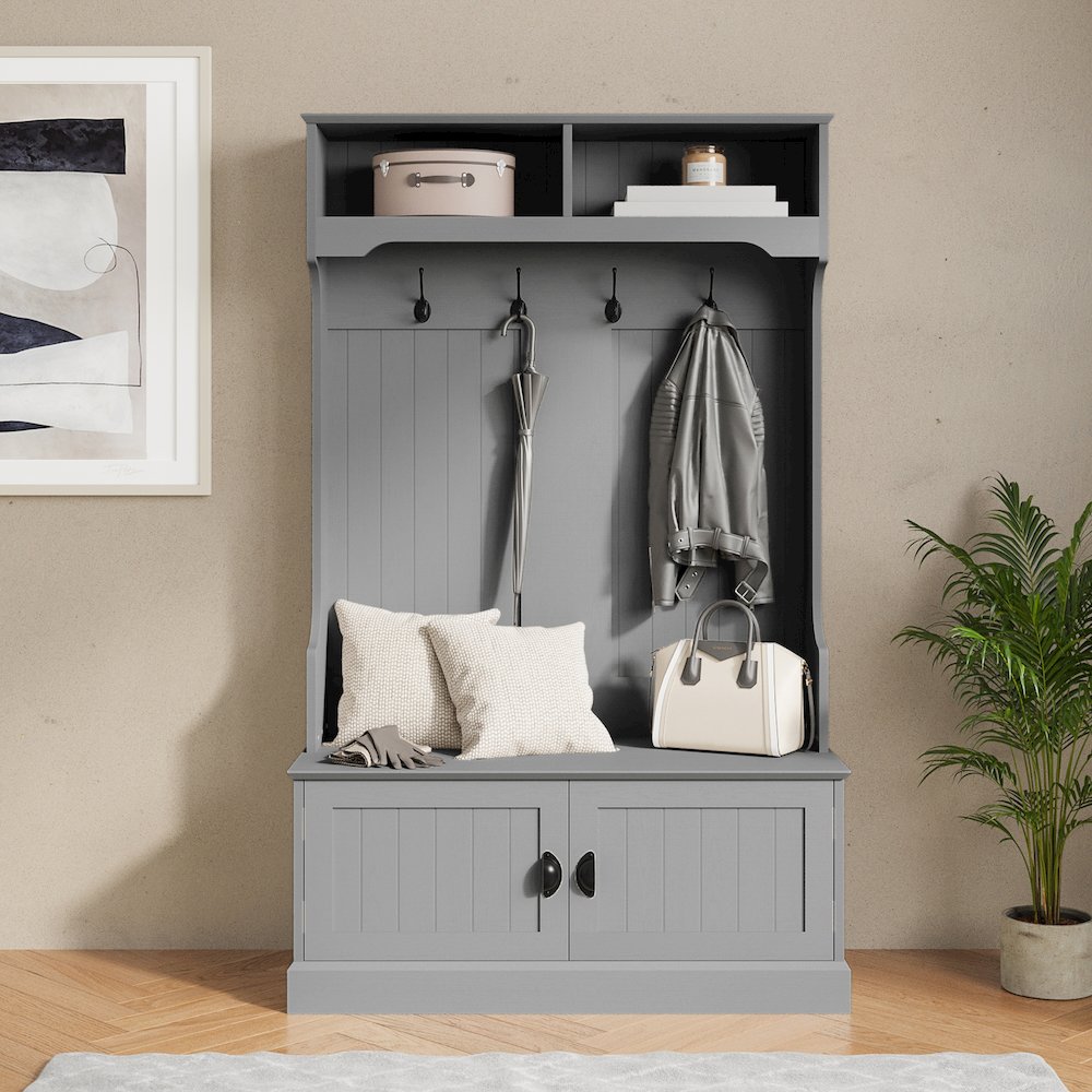 40" Wide Hallway Tree with Storage, Gray. Picture 3