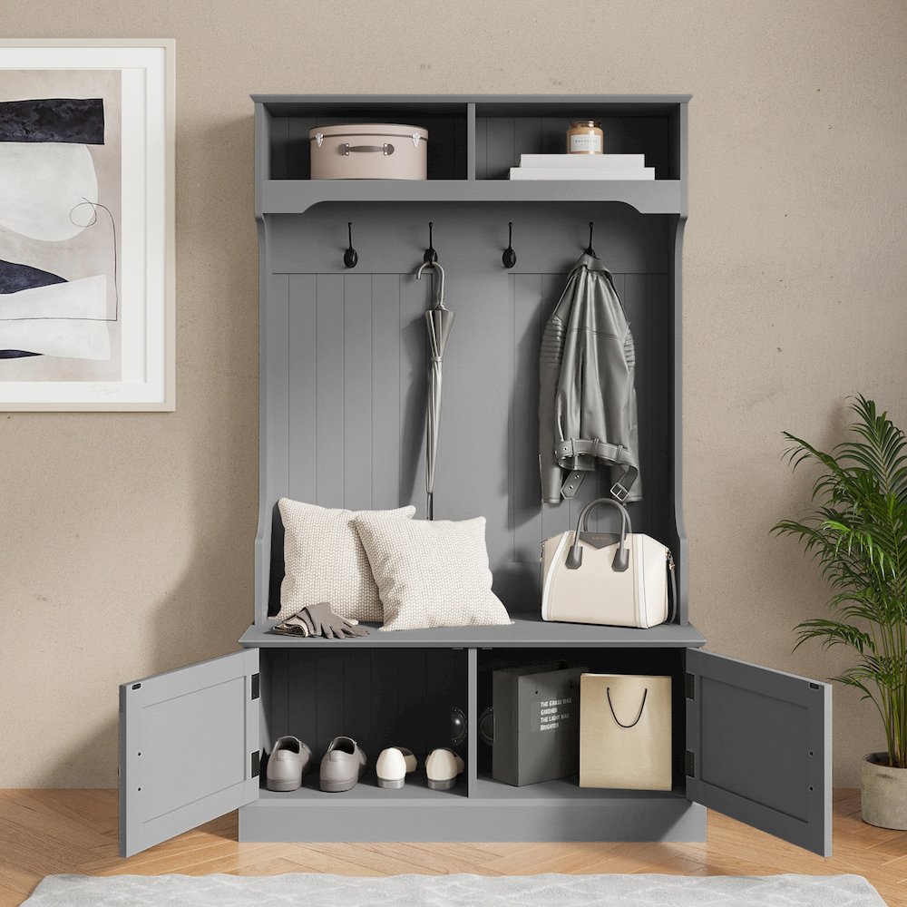 40" Wide Hallway Tree with Storage, Gray. Picture 6