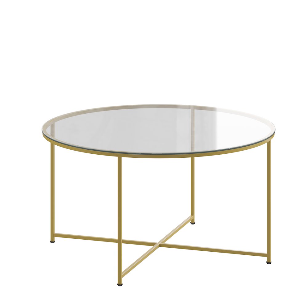 Coffee Table - Clear Glass Accent Table with Crisscross Brushed Gold Frame. Picture 1