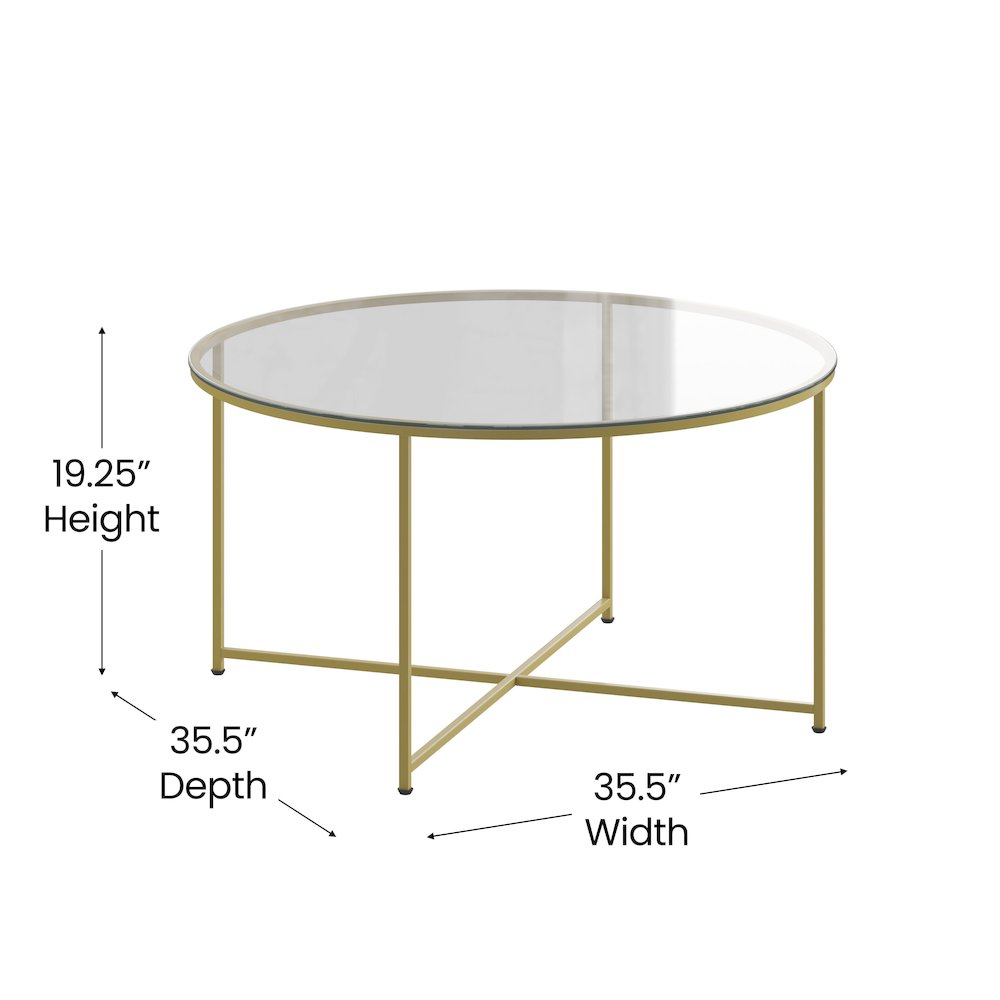 Coffee Table - Clear Glass Accent Table with Crisscross Brushed Gold Frame. Picture 6