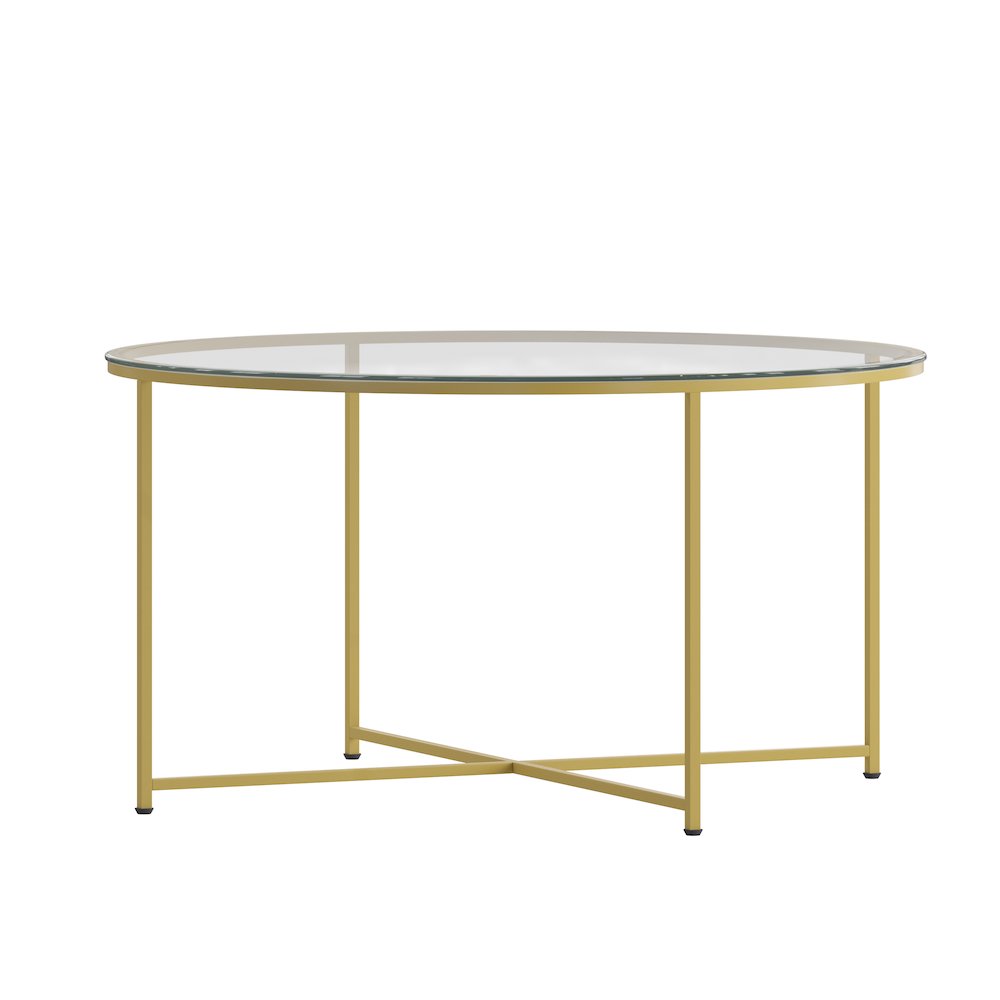 Coffee Table - Clear Glass Accent Table with Crisscross Brushed Gold Frame. Picture 9