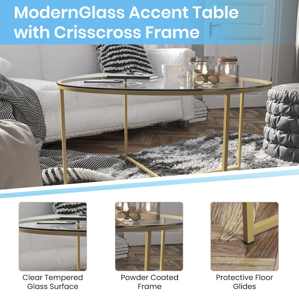 Coffee Table - Clear Glass Accent Table with Crisscross Brushed Gold Frame. Picture 5