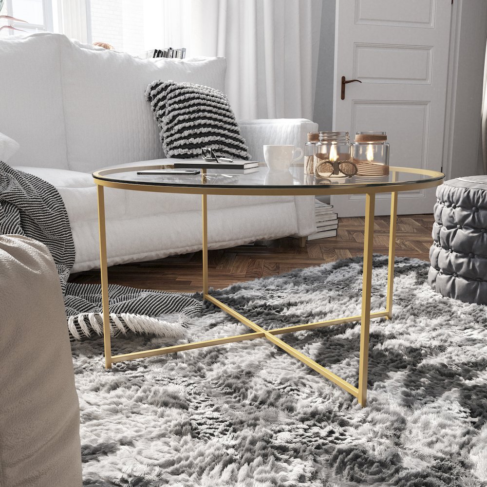Coffee Table - Clear Glass Accent Table with Crisscross Brushed Gold Frame. Picture 2