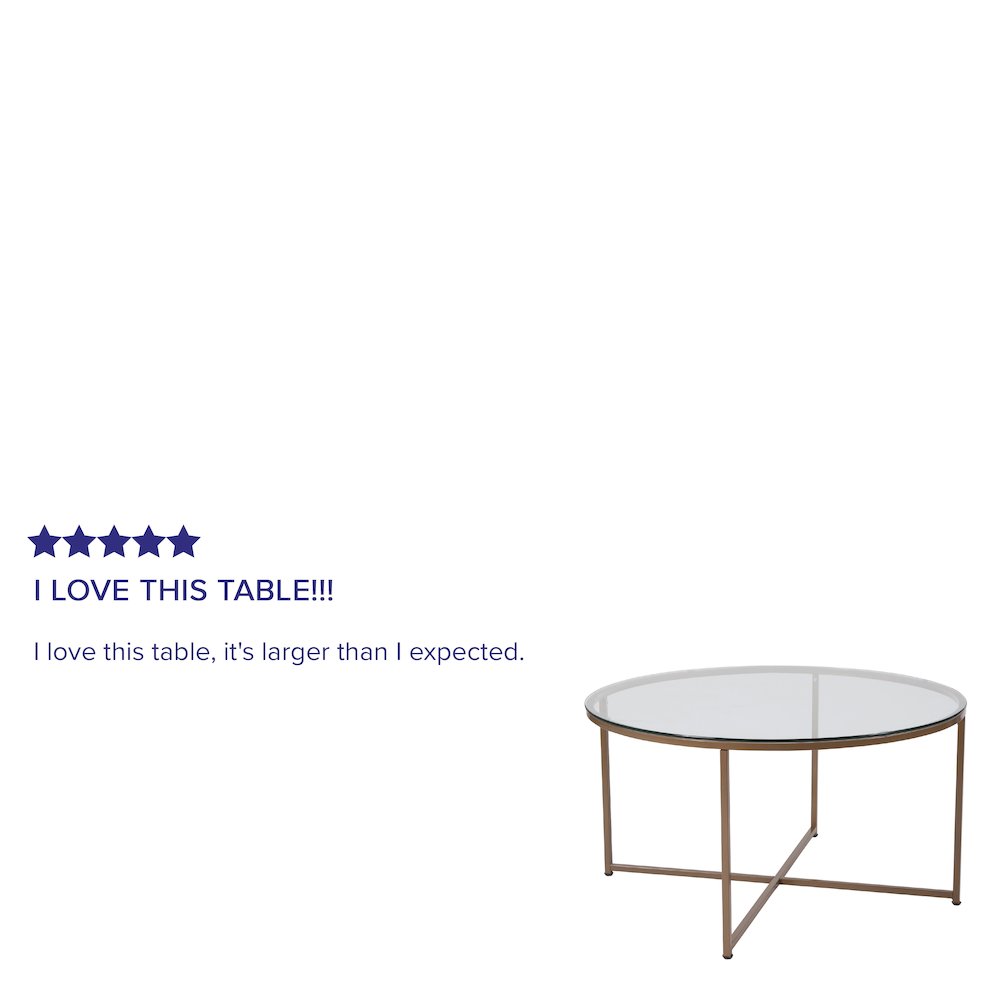 Coffee Table - Clear Glass Accent Table with Crisscross Brushed Gold Frame. Picture 4