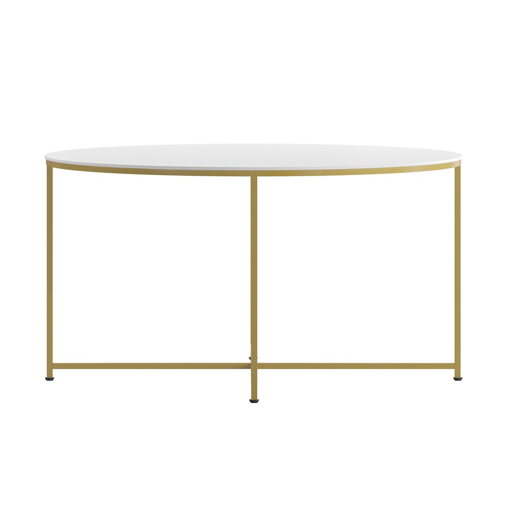 Coffee Table - White Finish Accent Table with Crisscross Brushed Gold Frame. Picture 1
