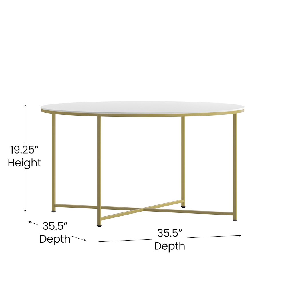 Coffee Table - White Finish Accent Table with Crisscross Brushed Gold Frame. Picture 5