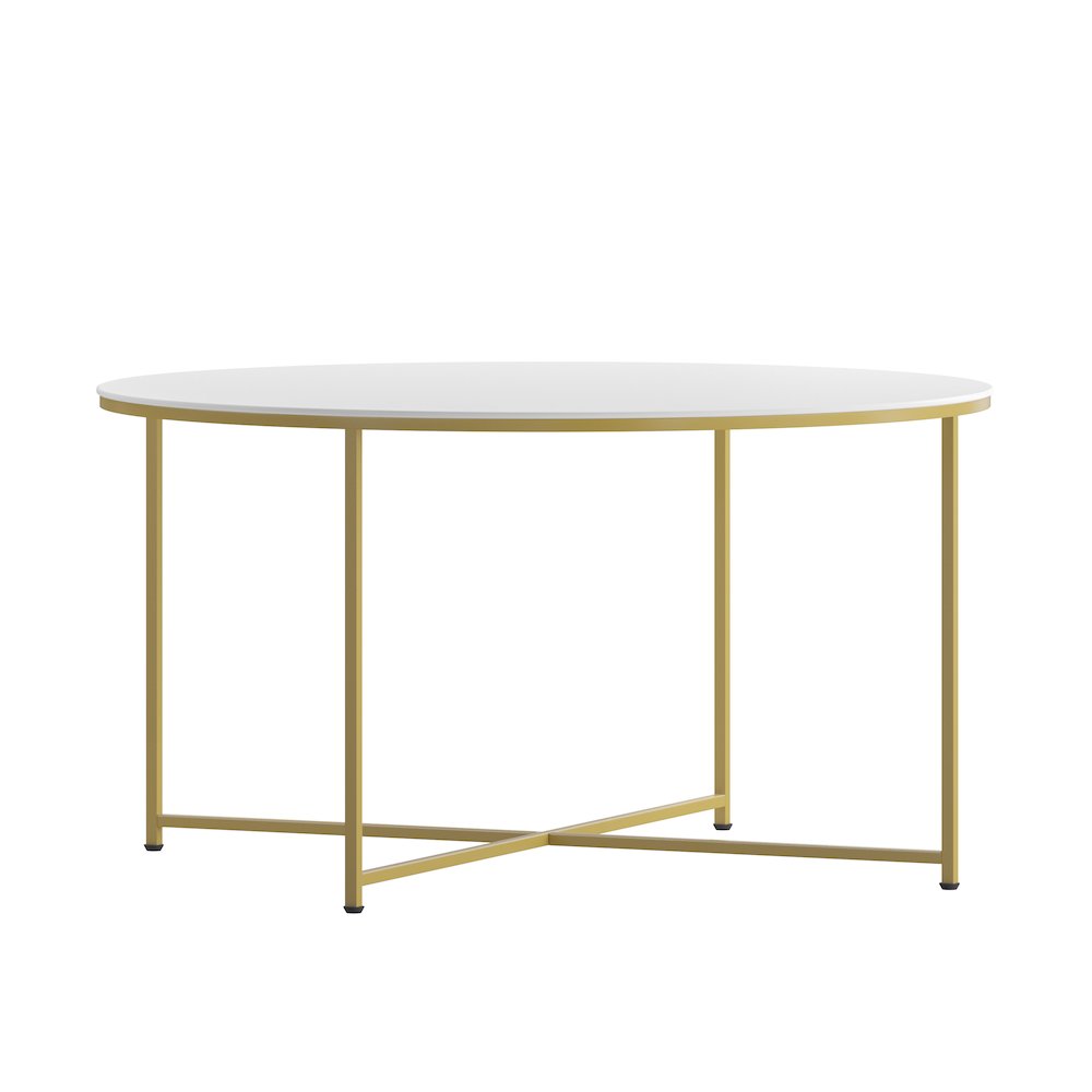 Coffee Table - White Finish Accent Table with Crisscross Brushed Gold Frame. Picture 7