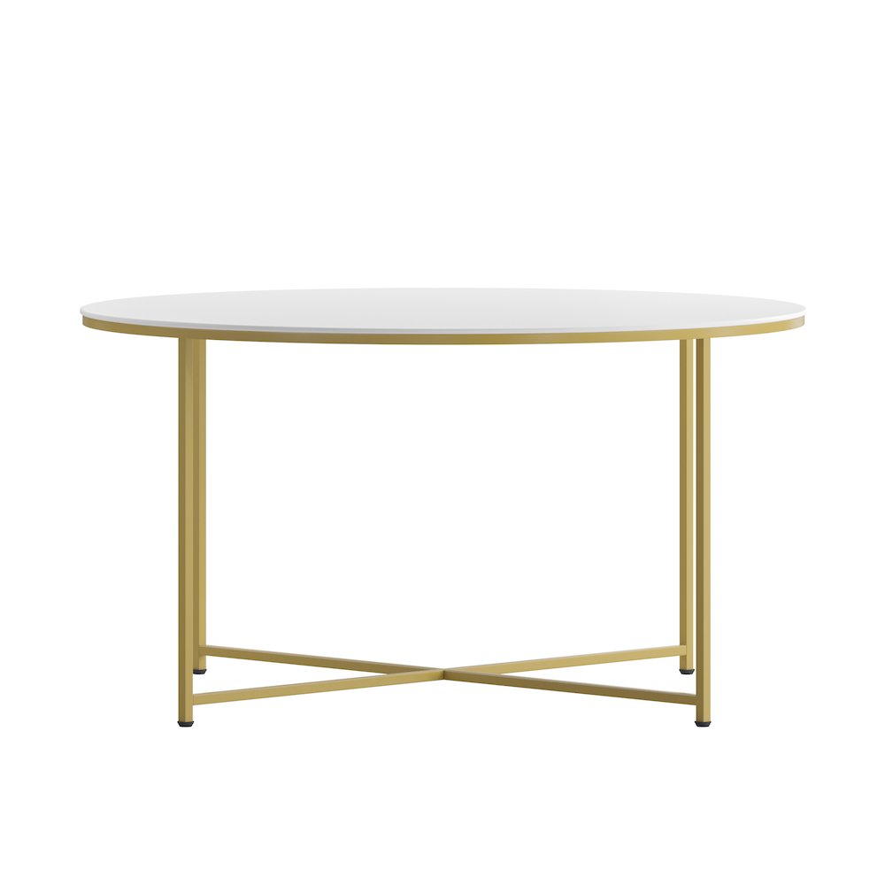 Coffee Table - White Finish Accent Table with Crisscross Brushed Gold Frame. Picture 8