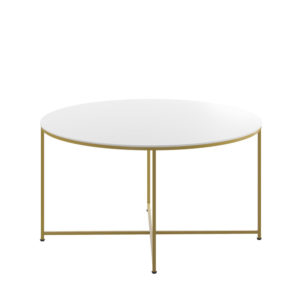 Coffee Table - White Finish Accent Table with Crisscross Brushed Gold Frame. Picture 9