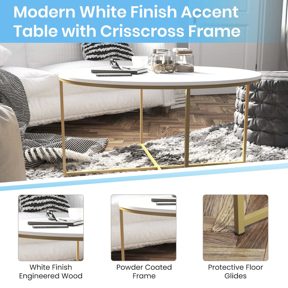 Coffee Table - White Finish Accent Table with Crisscross Brushed Gold Frame. Picture 4