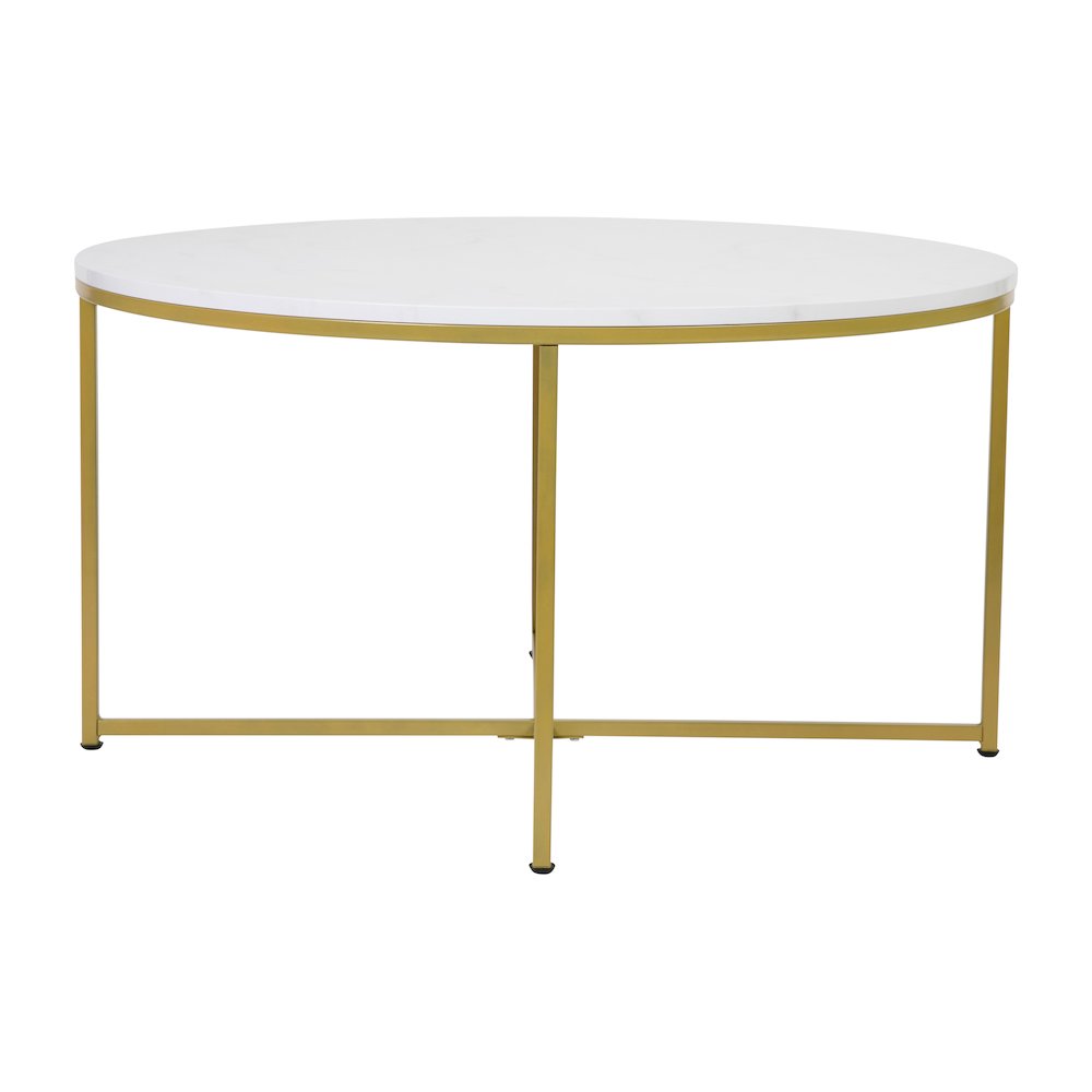 Coffee Table - White Marble Finish Accent Table with Brushed Gold Frame. Picture 7