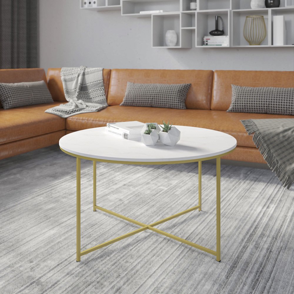 Coffee Table - White Marble Finish Accent Table with Brushed Gold Frame. Picture 2