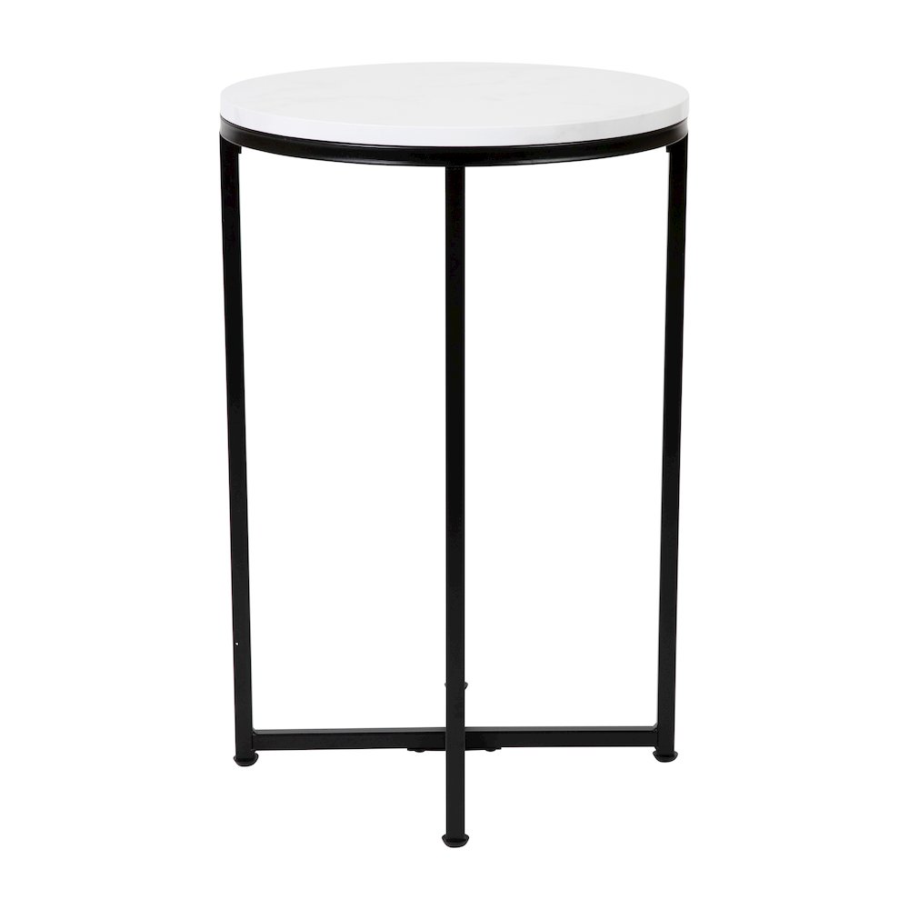 End Table - White Marble Finish Accent Table with Crisscross Matte Black Frame. Picture 7