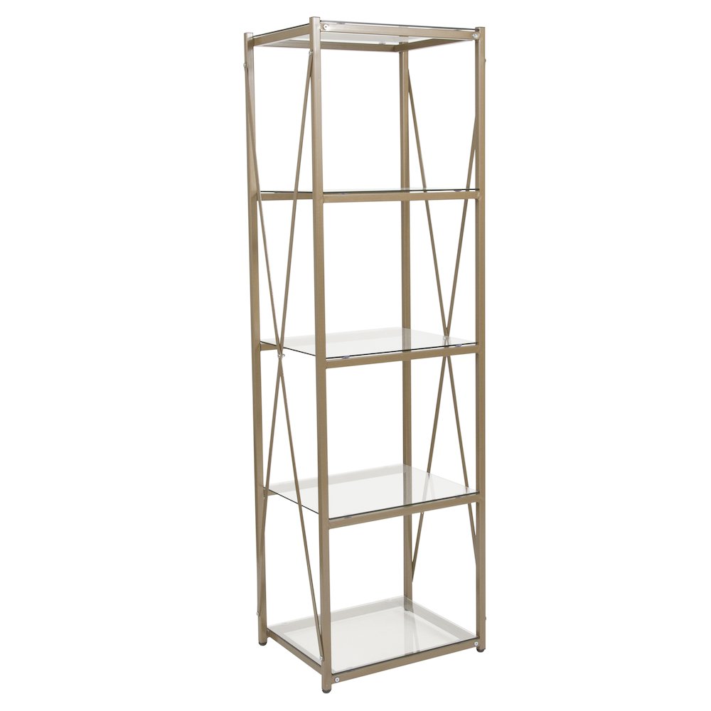 4 Shelf 64"H Cross Brace Glass Bookcase in Matte Gold. Picture 1