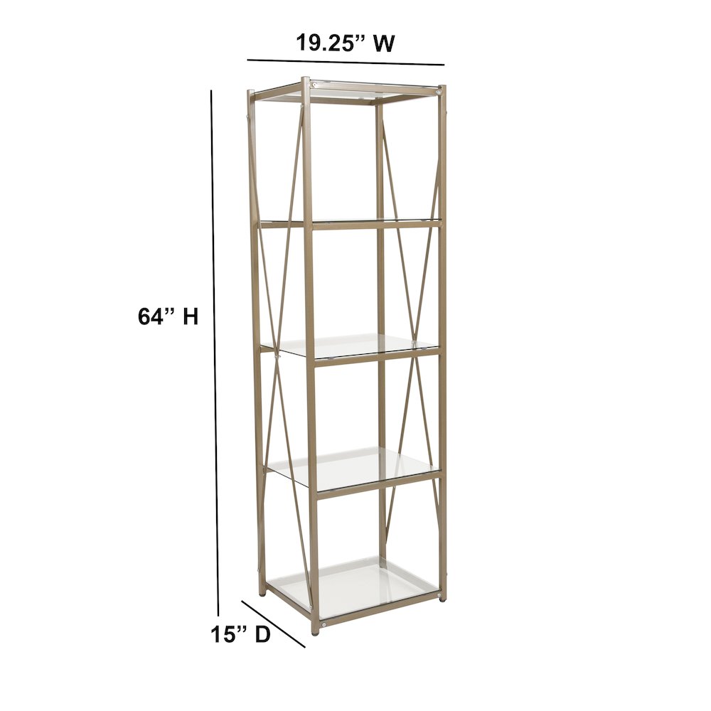 4 Shelf 64"H Cross Brace Glass Bookcase in Matte Gold. Picture 6