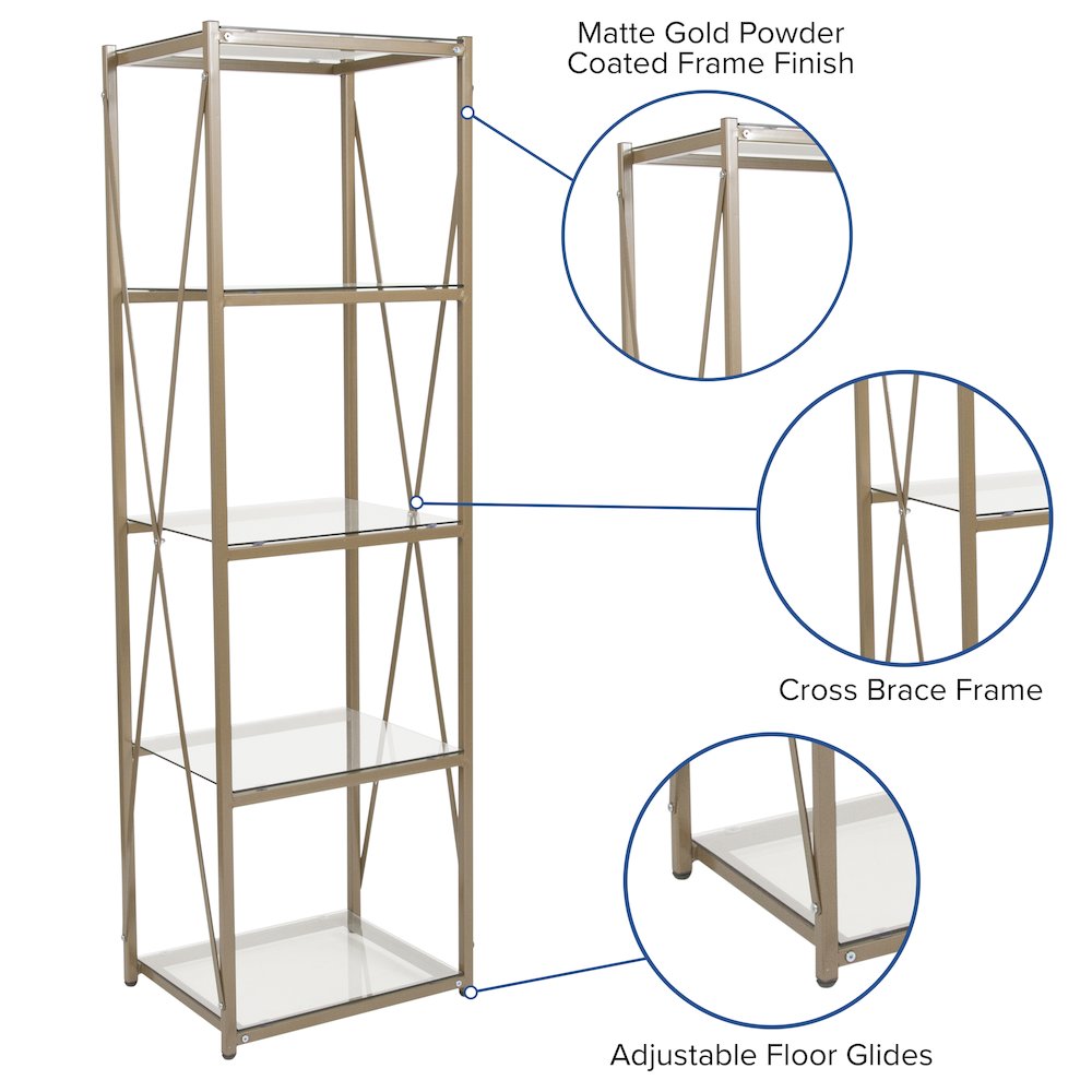 4 Shelf 64"H Cross Brace Glass Bookcase in Matte Gold. Picture 5