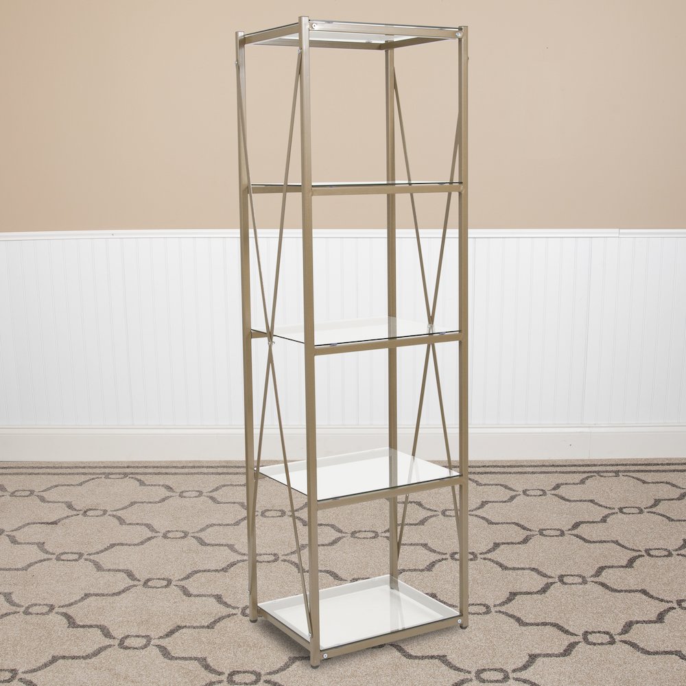 4 Shelf 64"H Cross Brace Glass Bookcase in Matte Gold. Picture 2