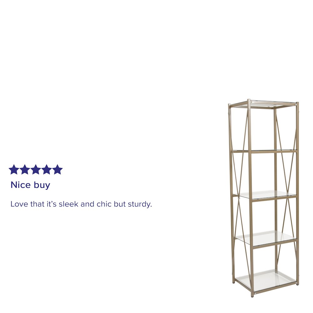 4 Shelf 64"H Cross Brace Glass Bookcase in Matte Gold. Picture 4
