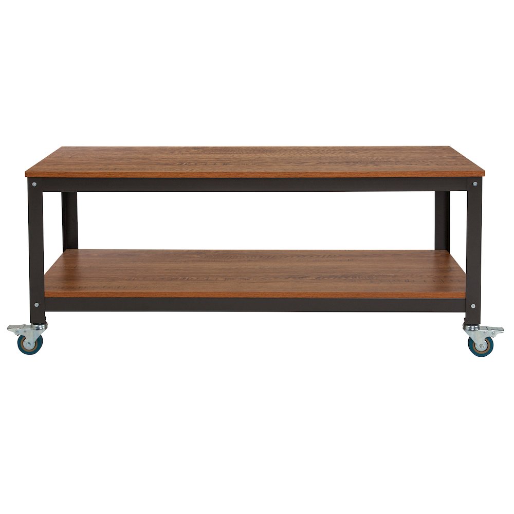 TV Stand in Brown Oak Wood Grain Finish with Metal Wheels. Picture 2
