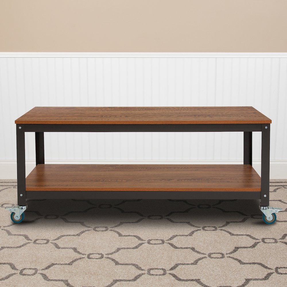 TV Stand in Brown Oak Wood Grain Finish with Metal Wheels. Picture 3