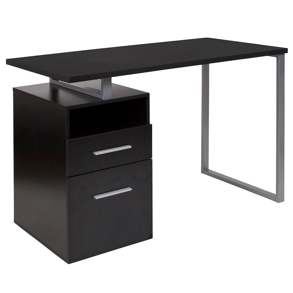 Dark Ash Wood Grain Finish Computer Desk with Two Drawers and Silver Metal Frame. Picture 1