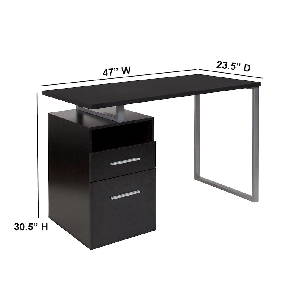 Dark Ash Wood Grain Finish Computer Desk with Two Drawers and Silver Metal Frame. Picture 5