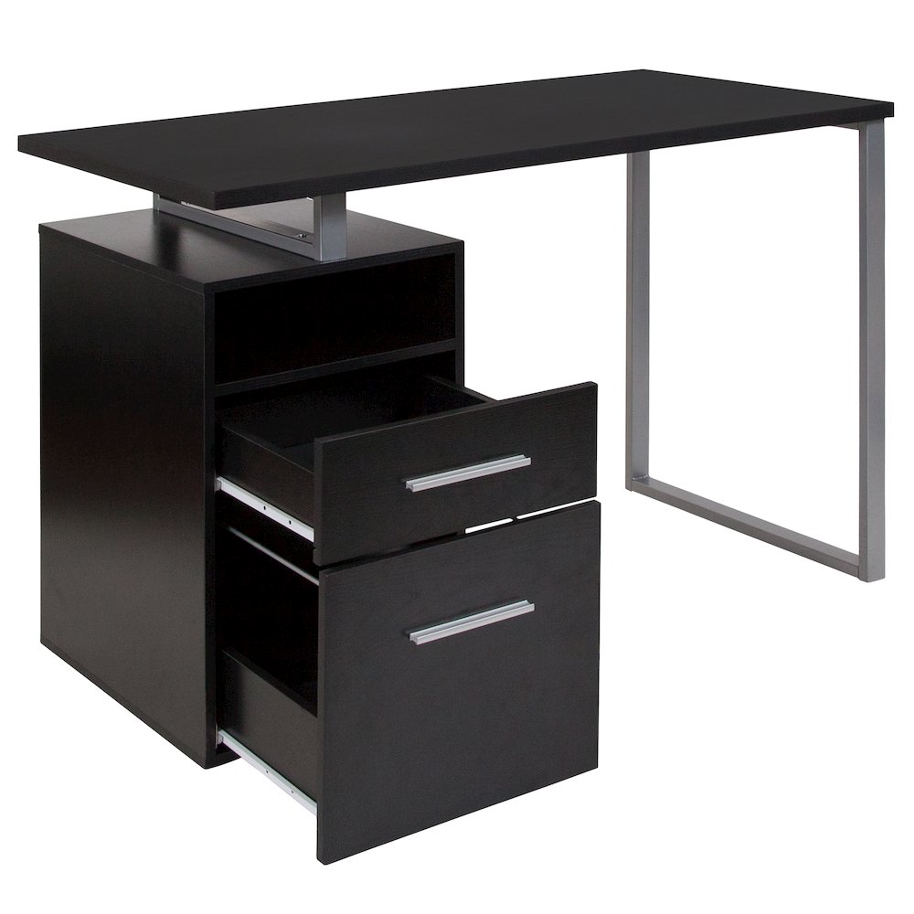 Dark Ash Wood Grain Finish Computer Desk with Two Drawers and Silver Metal Frame. Picture 7