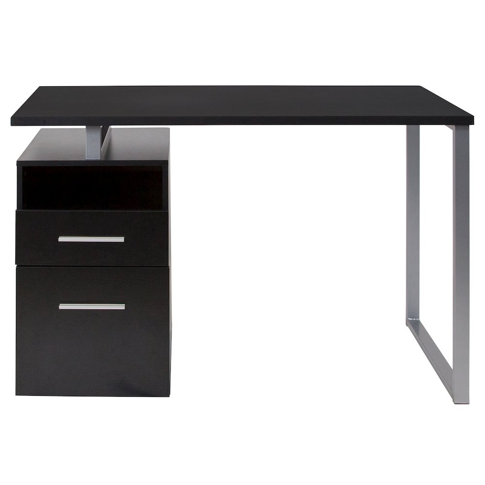 Dark Ash Wood Grain Finish Computer Desk with Two Drawers and Silver Metal Frame. Picture 8