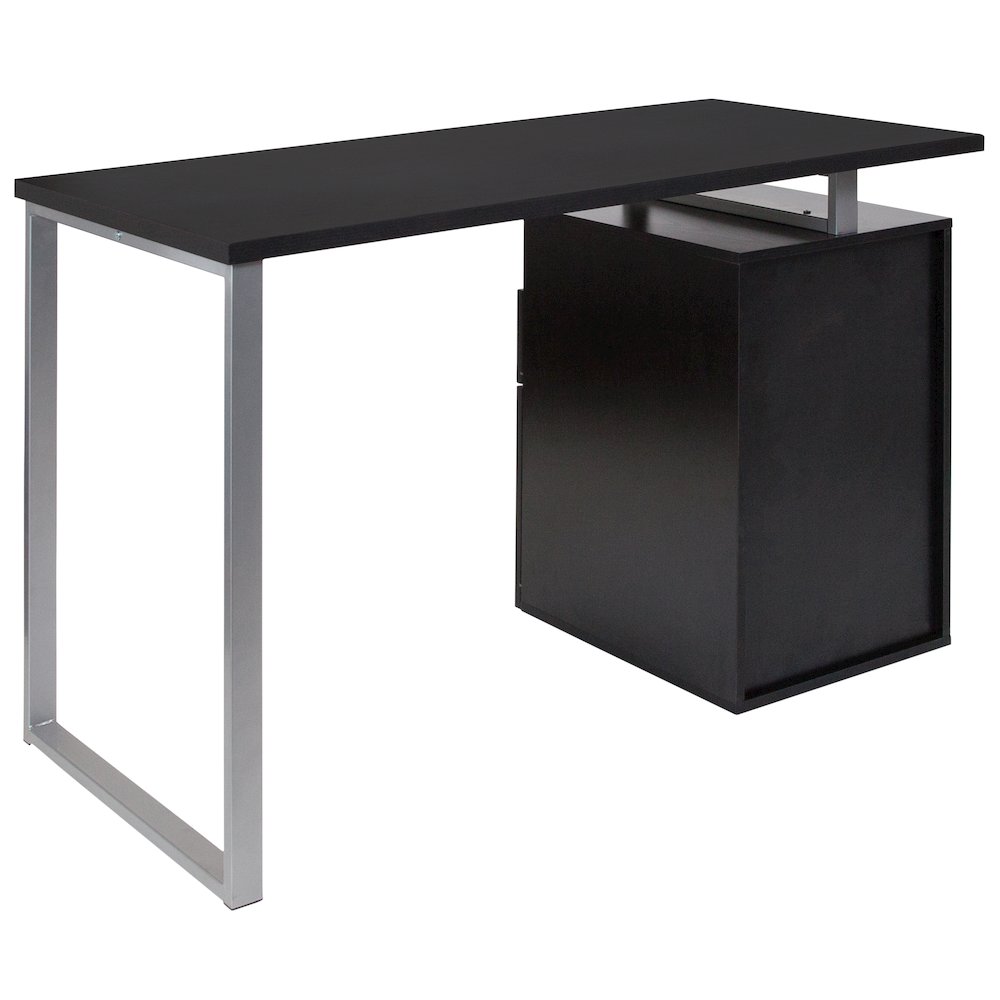 Dark Ash Wood Grain Finish Computer Desk with Two Drawers and Silver Metal Frame. Picture 6