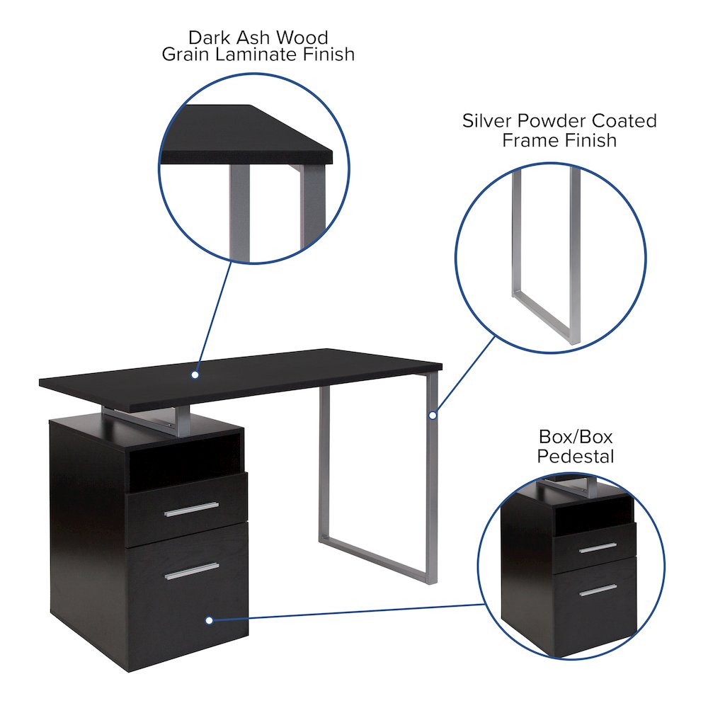 Dark Ash Wood Grain Finish Computer Desk with Two Drawers and Silver Metal Frame. Picture 4