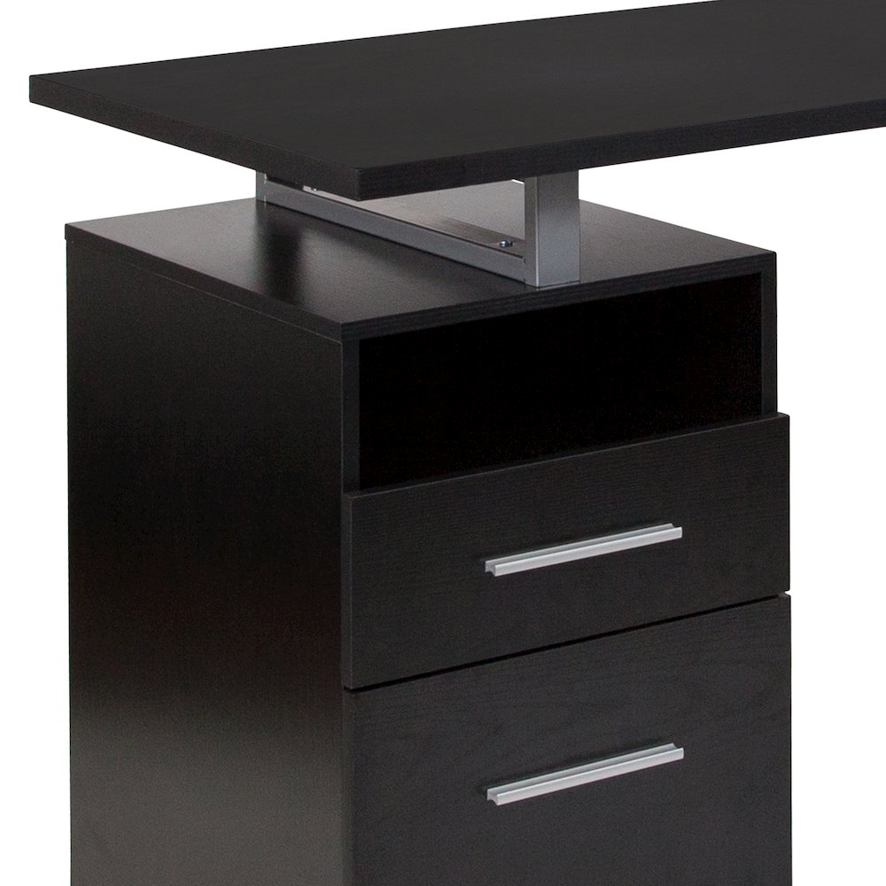 Dark Ash Wood Grain Finish Computer Desk with Two Drawers and Silver Metal Frame. Picture 9