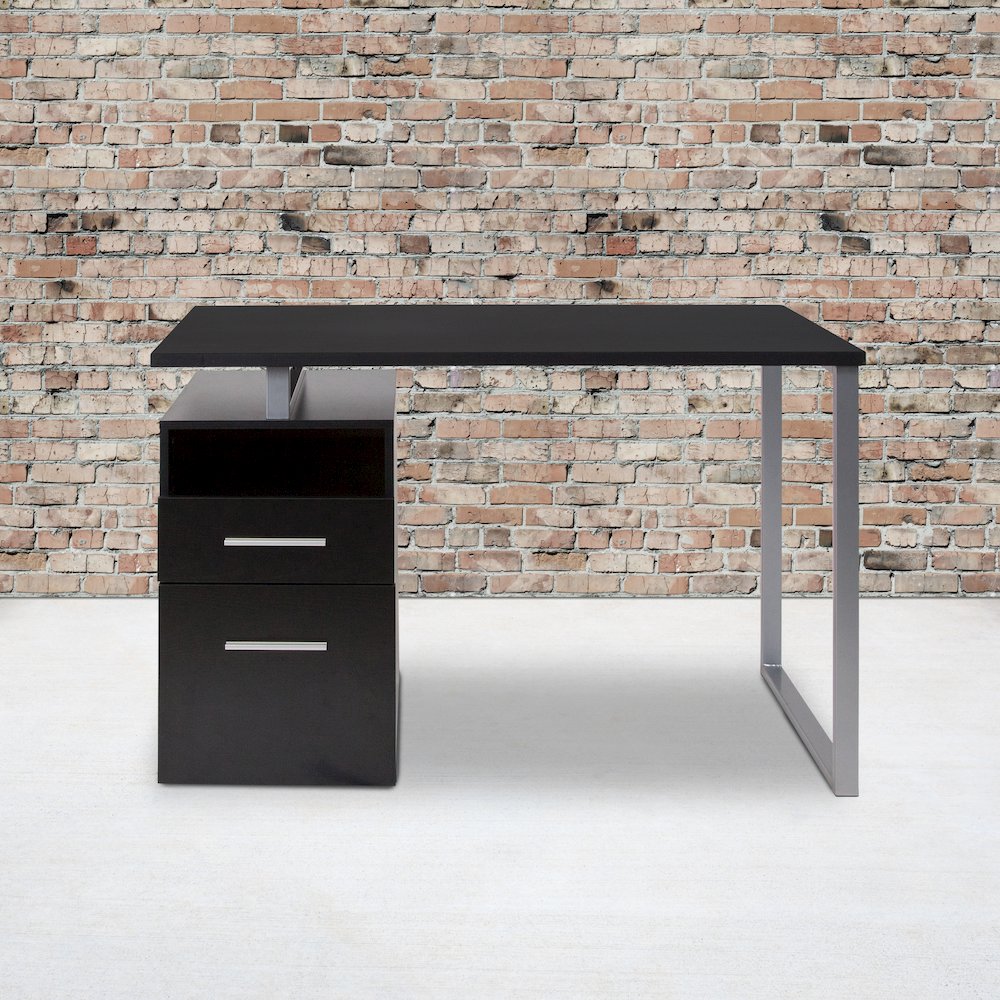 Dark Ash Wood Grain Finish Computer Desk with Two Drawers and Silver Metal Frame. Picture 2