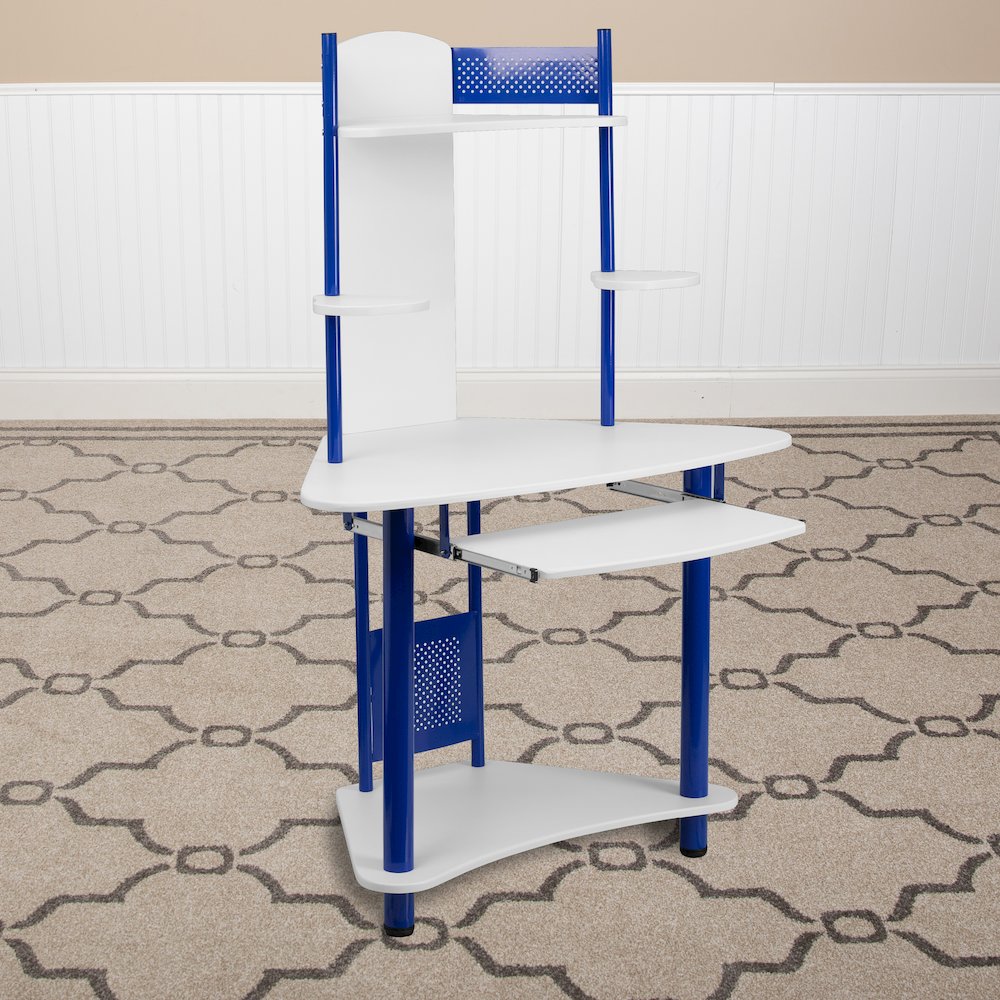 Blue Corner Computer Desk with Hutch. Picture 2