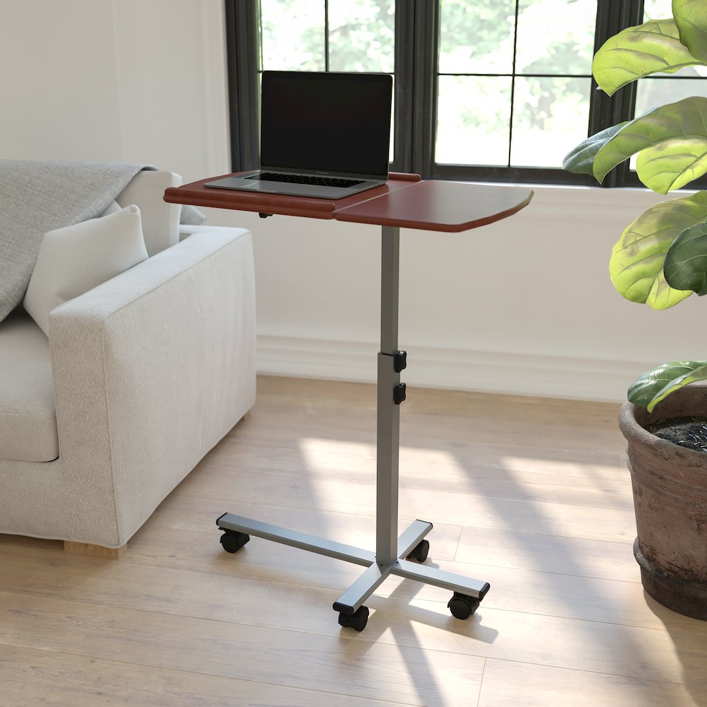 Angle and Height Adjustable Mobile Laptop Computer Table with Cherry Top. Picture 2