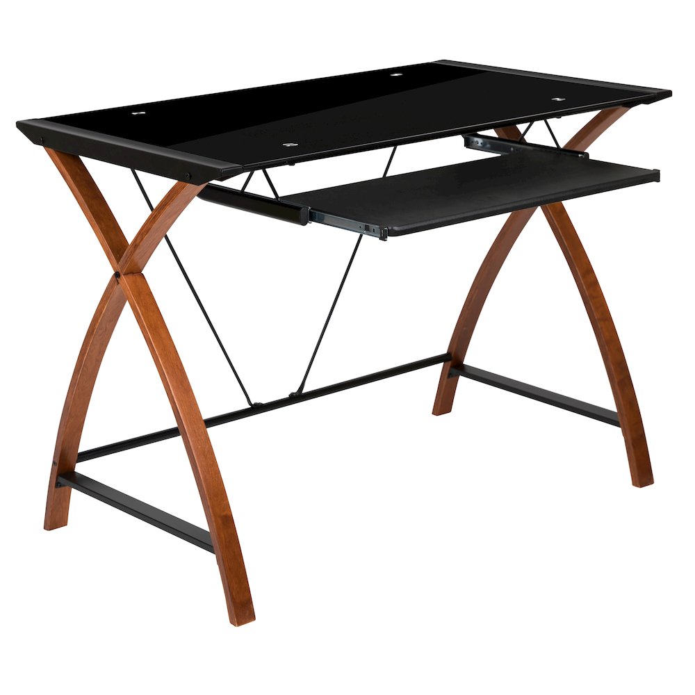 Black Glass Computer Desk with Pull-Out Keyboard Tray and Crisscross Frame. Picture 1