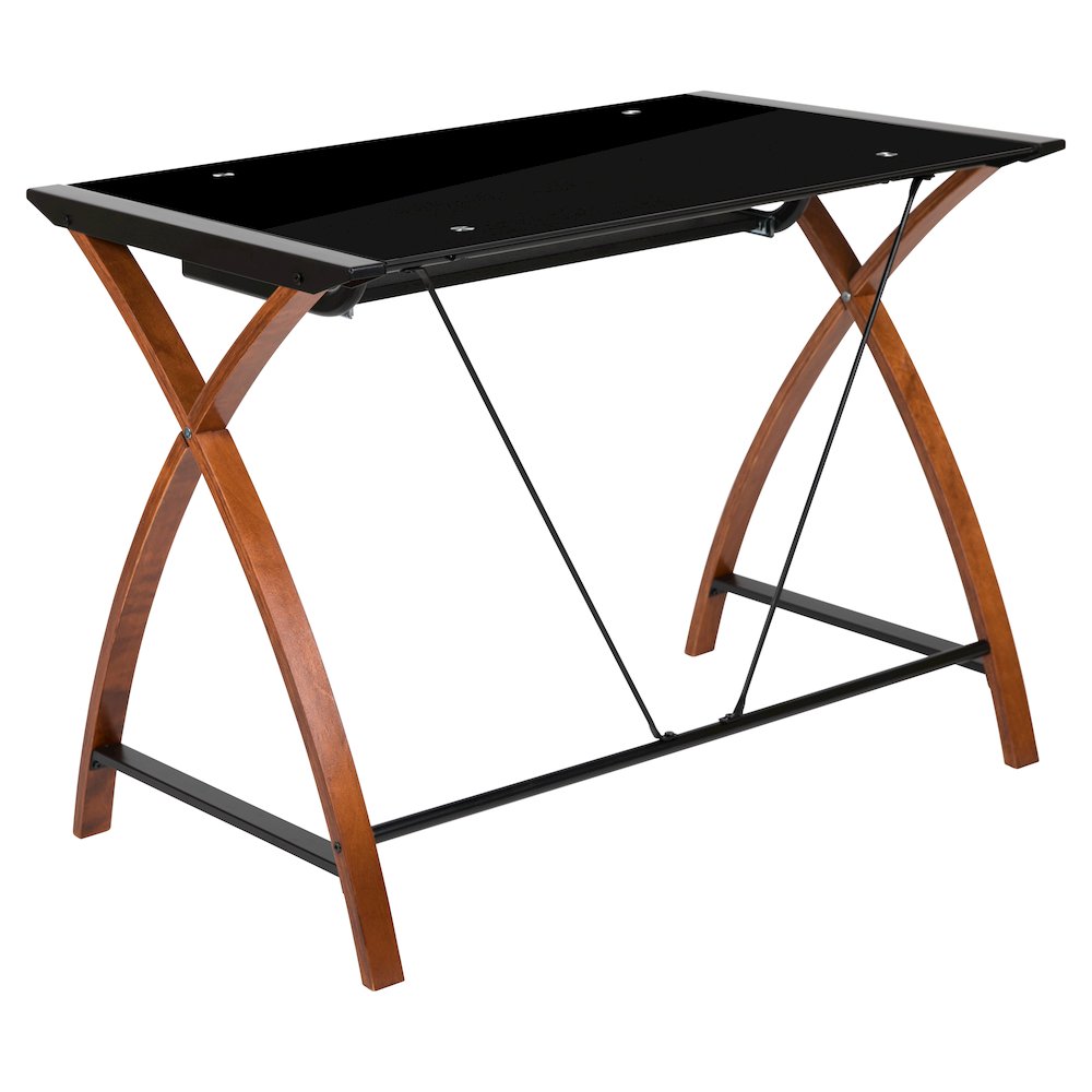 Black Glass Computer Desk with Pull-Out Keyboard Tray and Crisscross Frame. Picture 7